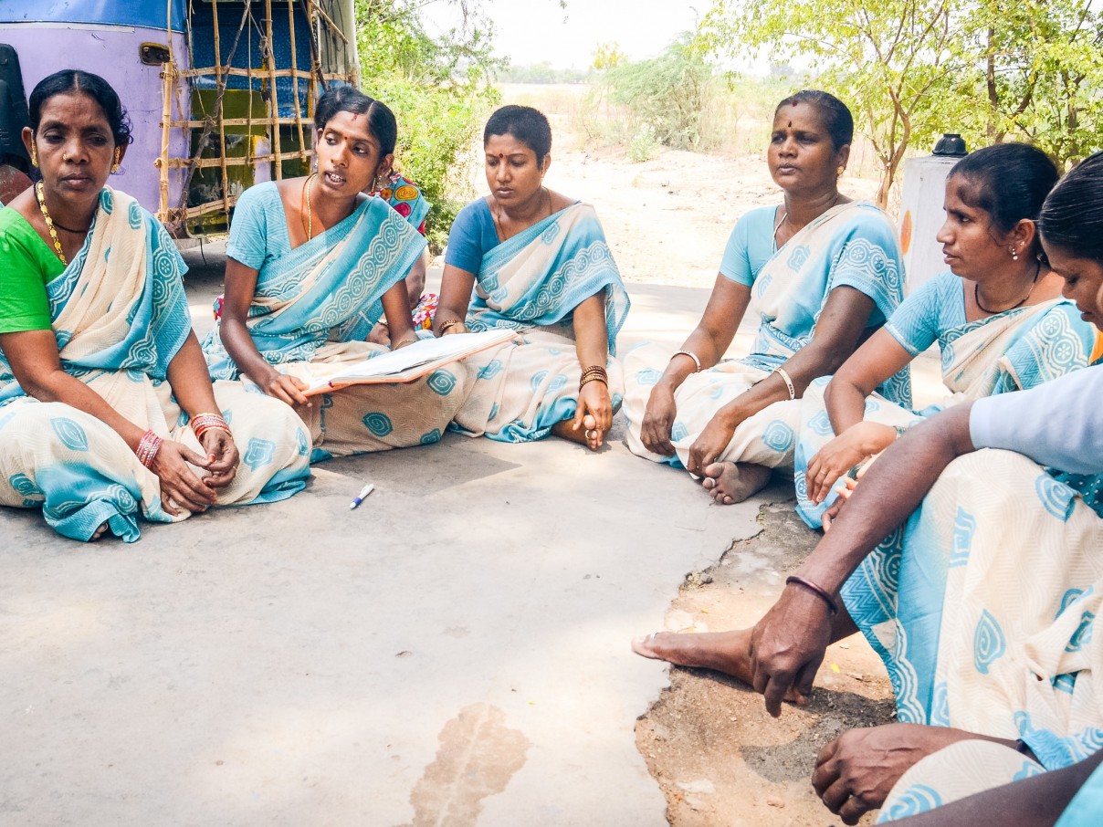 A group of female Self Help Group Members during a meeting in Kanchipuram, India.