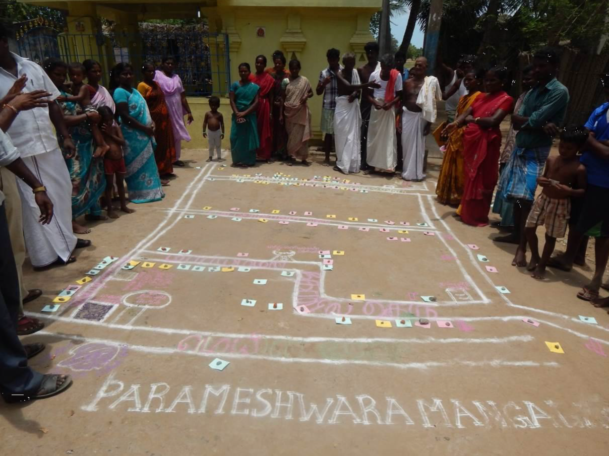 Participatory Rural appraisal (PRA)-village mapping exercise done along with the community| Paramesvaramangalan, India