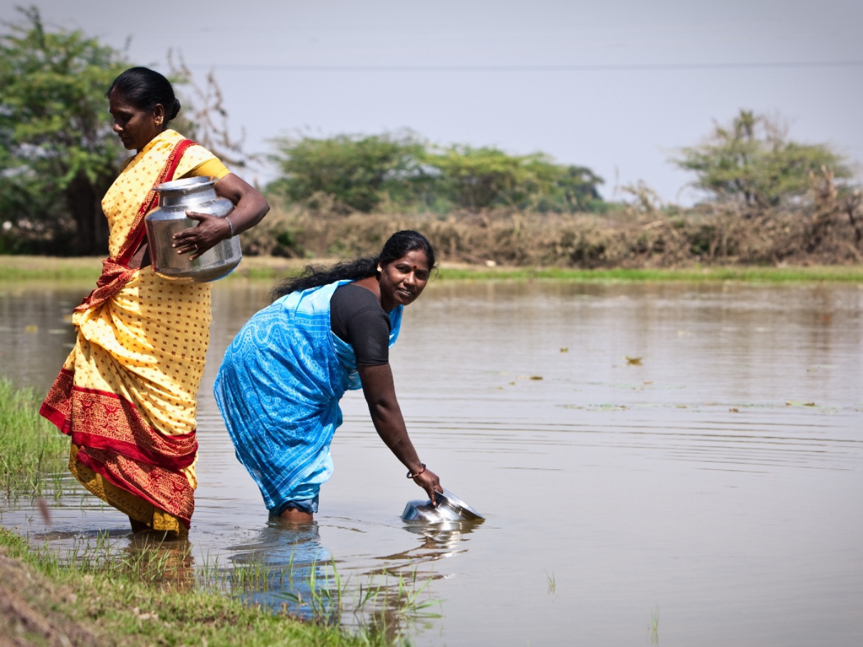 Two women in saris collecting water from a lake
